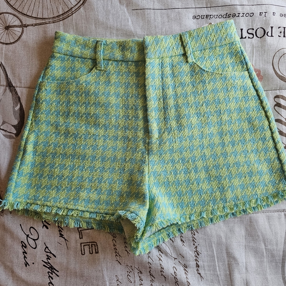 Zara Green and Blue Houndstooth Shorts